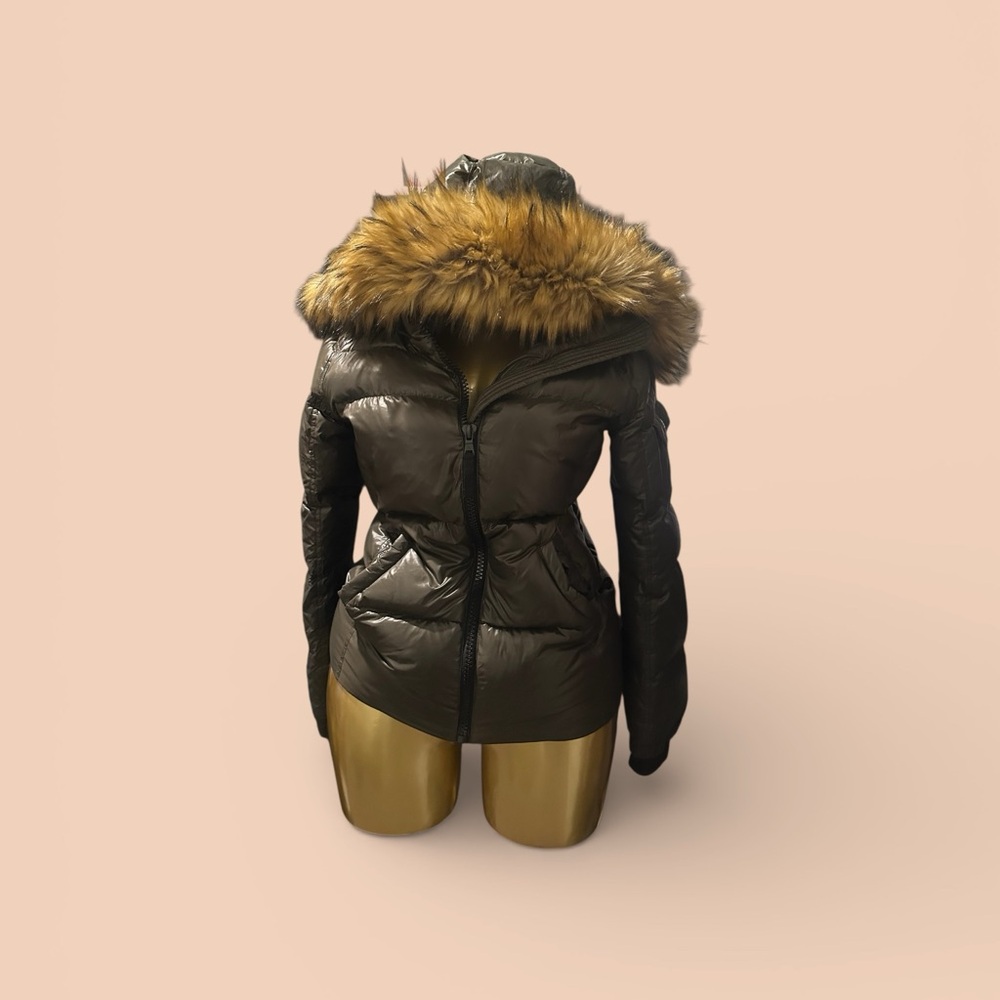 Women's Dark Green Puffer Jacket with Faux Fur Trim